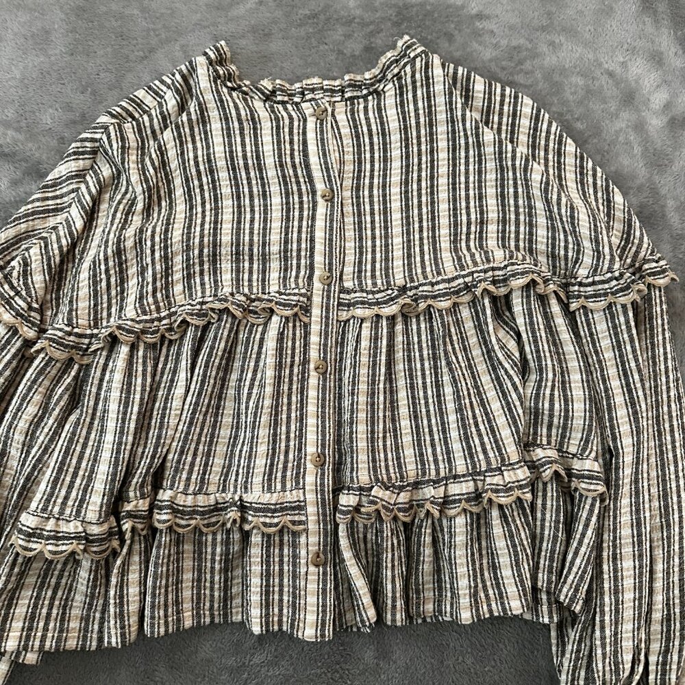 Pilcro Striped Ruffle Tiered Top in Cream and Black - Picture 7 of 7